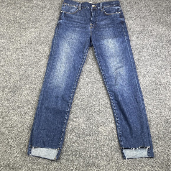 Frame Denim Denim - FRAME Le High Straight Jeans Womens 28 Blue Medium Wash Raw Hem Stretch Denim